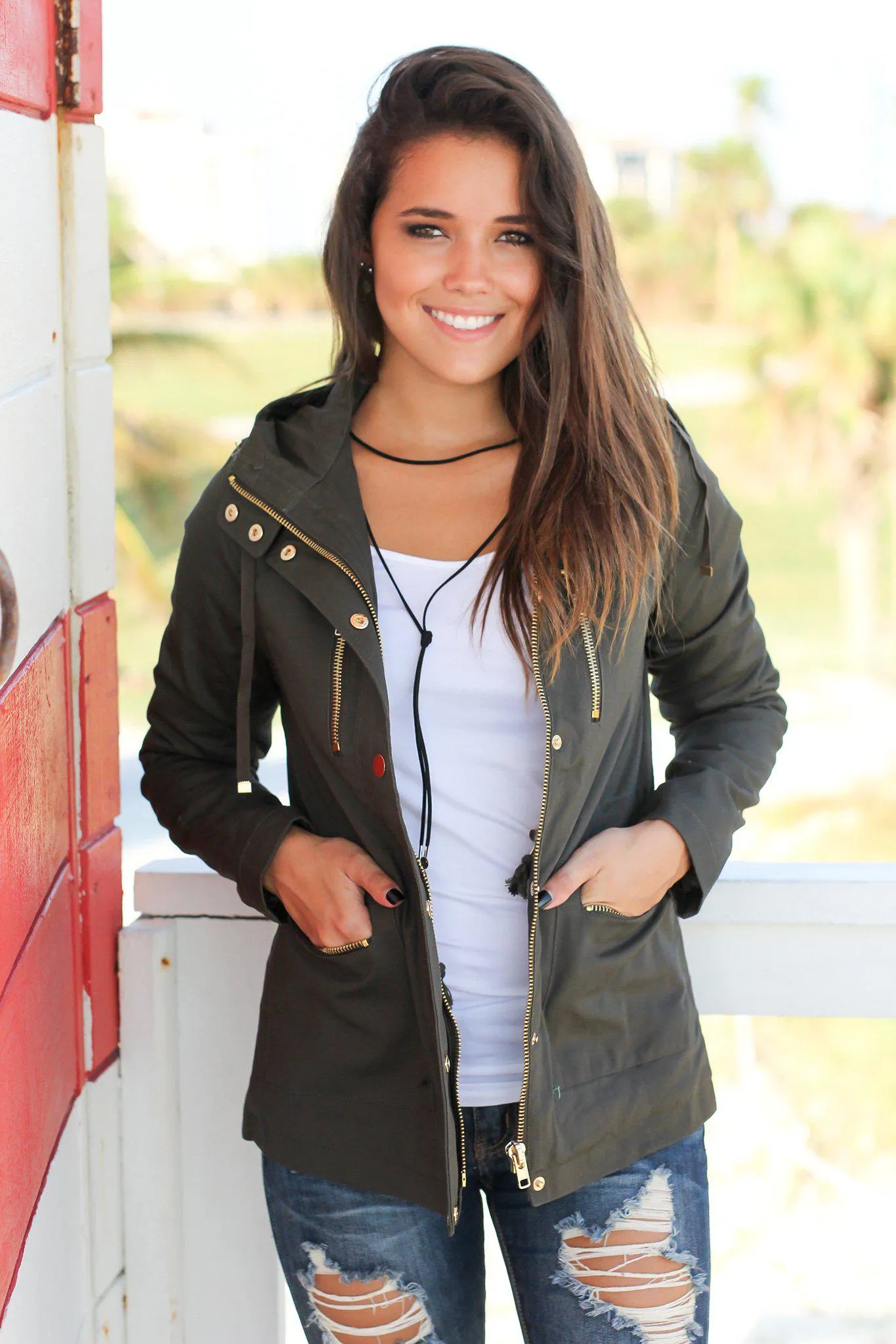 Olive Jacket with Gold Zippers