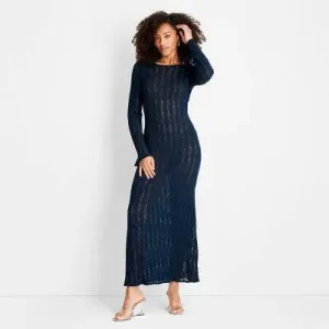 Open Box - Women's Long Sleeve Open Stitch Maxi Dress - Future Collective with Jenee Naylor Navy Blue XS