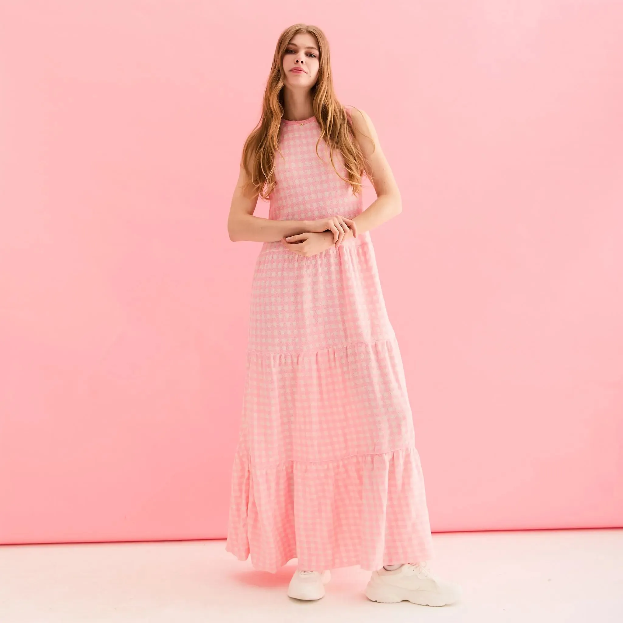 Paula Gingham Cotton Knitted Maxi Dress - Light Pink