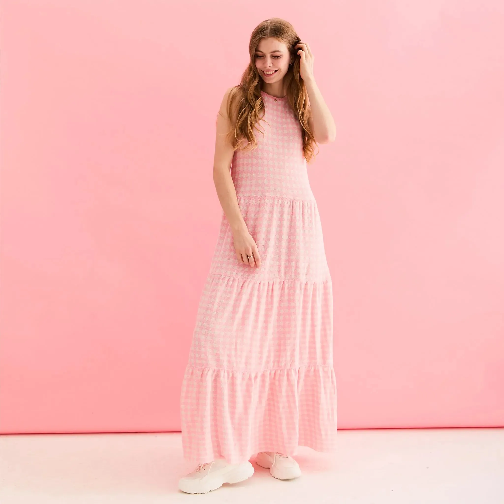 Paula Gingham Cotton Knitted Maxi Dress - Light Pink