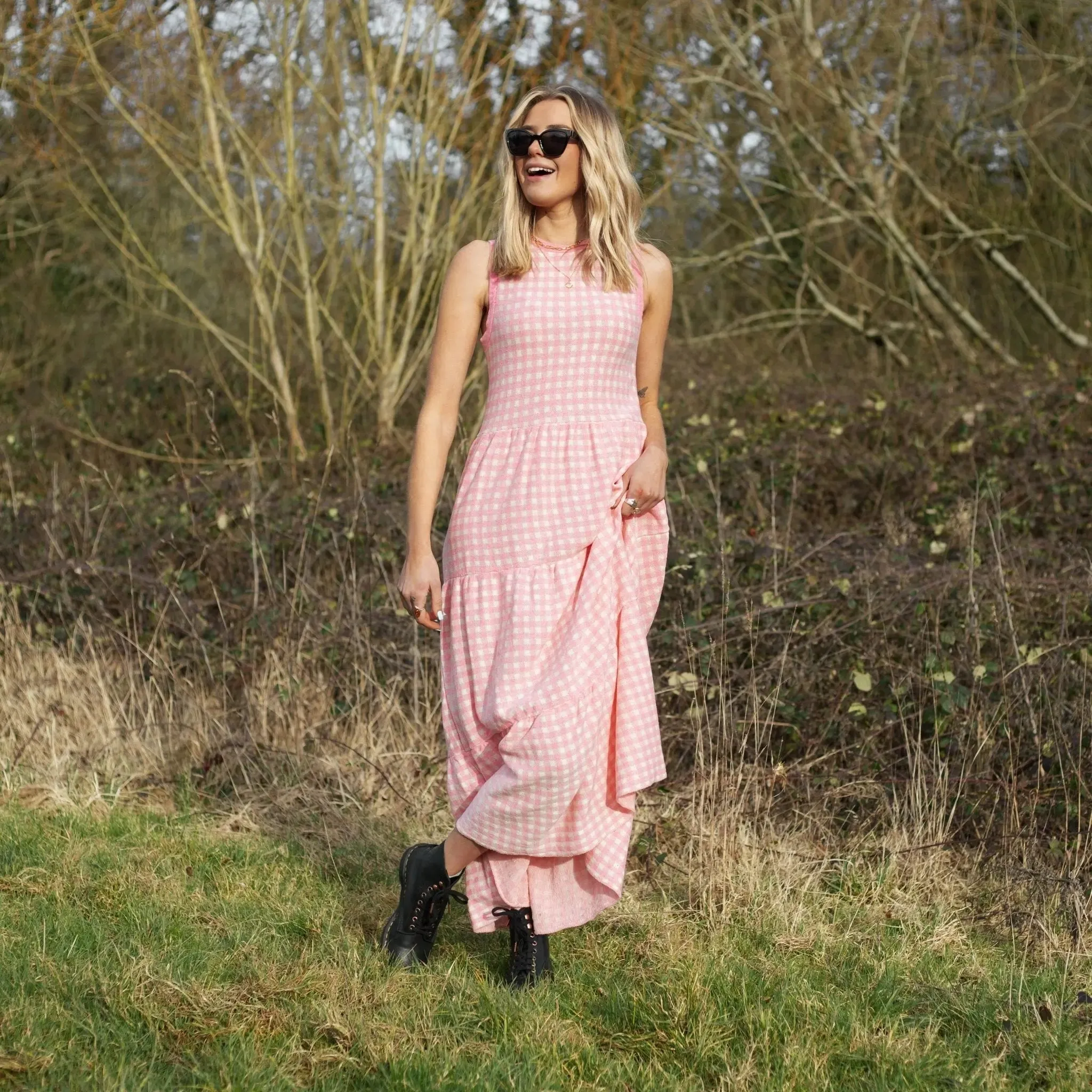 Paula Gingham Cotton Knitted Maxi Dress - Light Pink