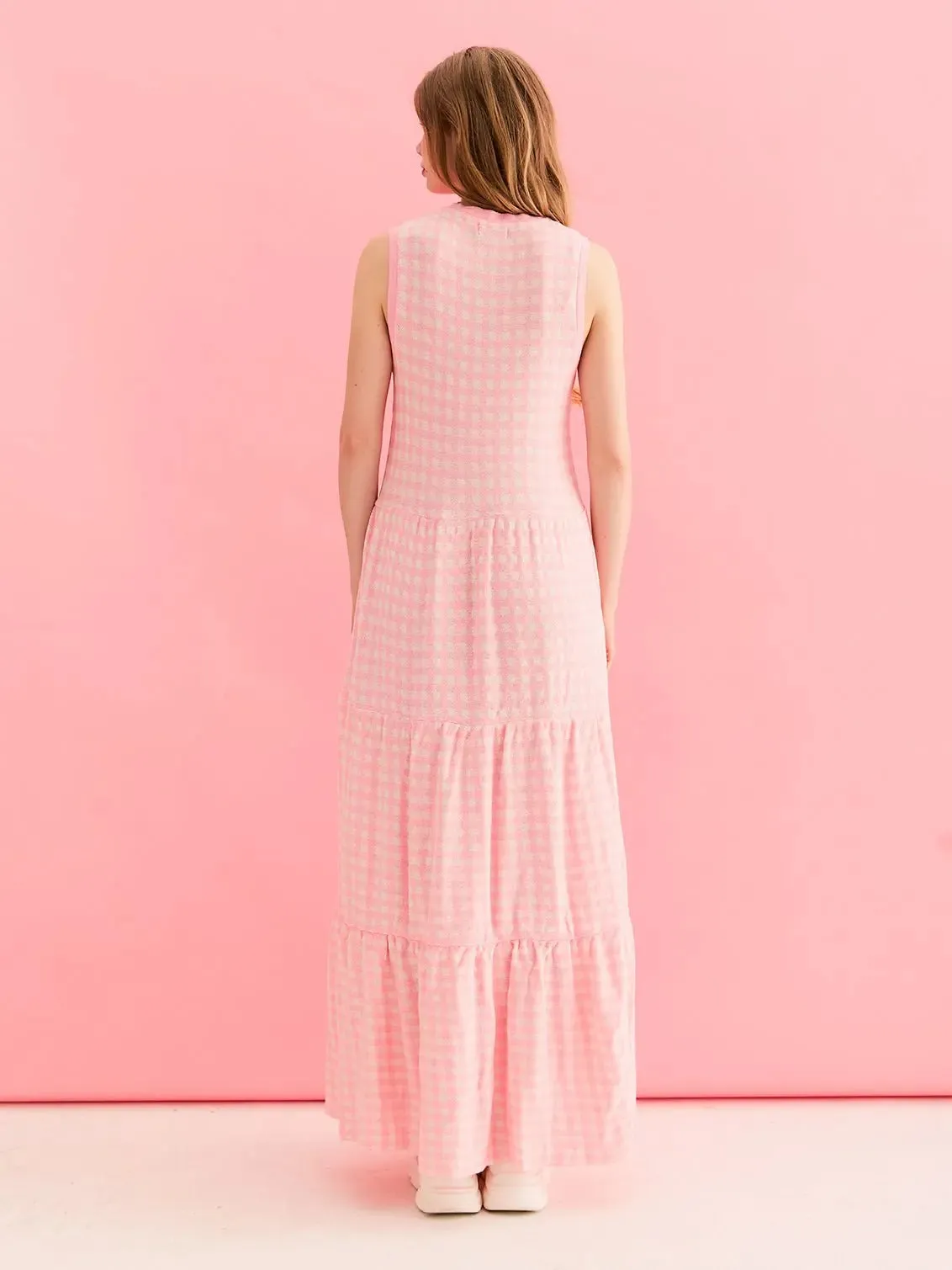 Paula Gingham Cotton Knitted Maxi Dress - Light Pink