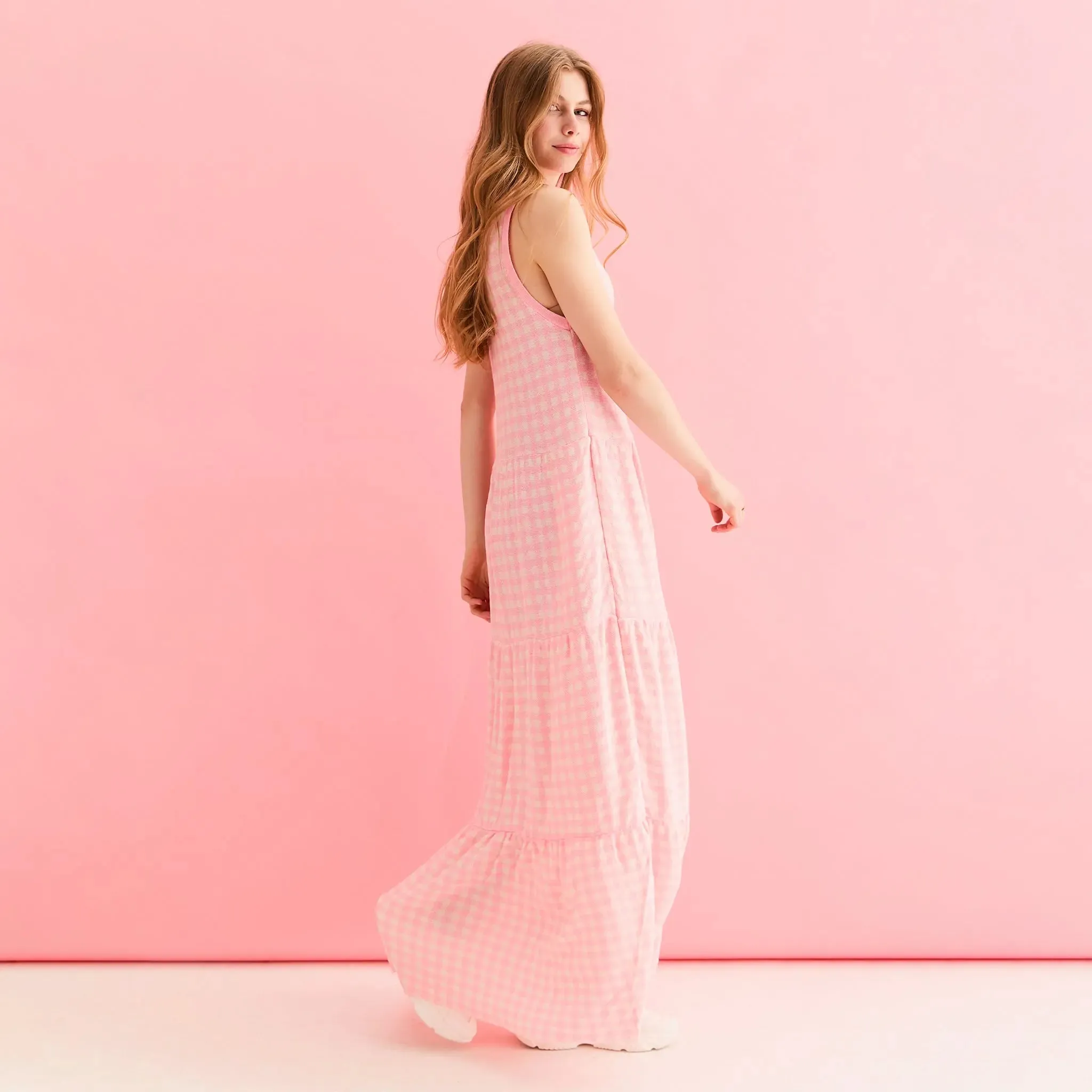 Paula Gingham Cotton Knitted Maxi Dress - Light Pink