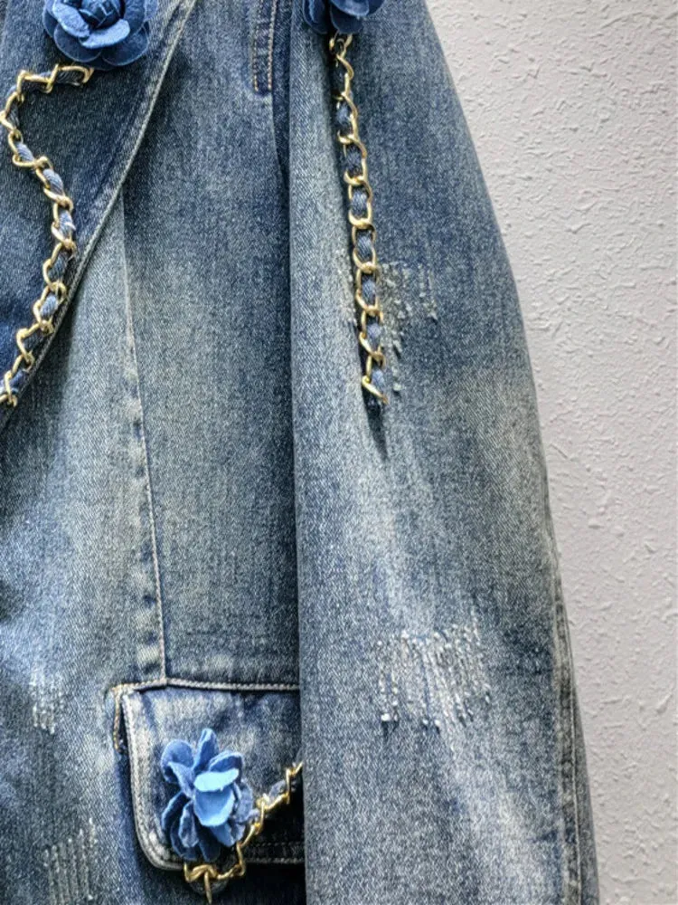 Pre Order:  3D Flower Patchwork Gold Chain Washed Denim Jacket