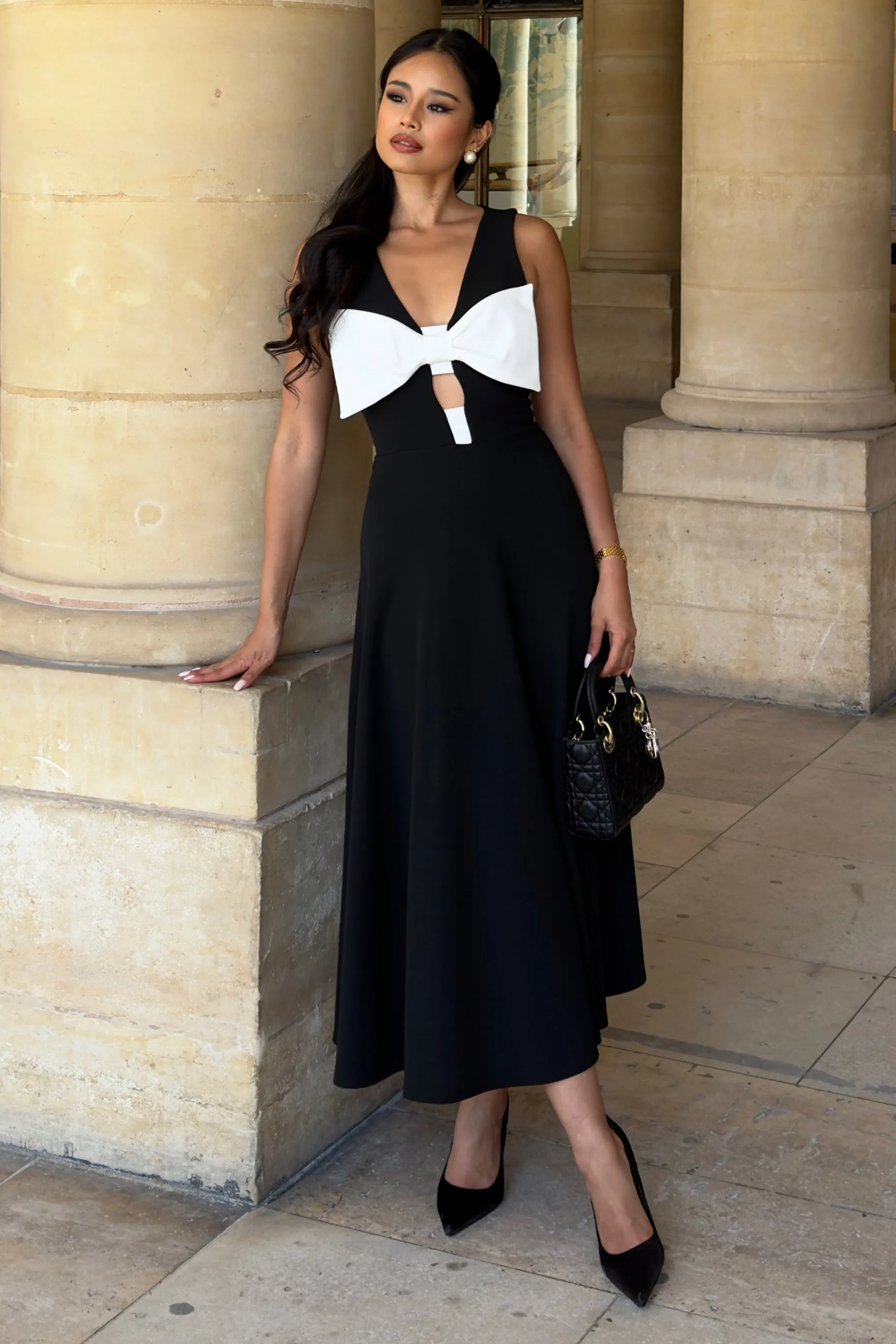 Primrose | Black Plunge-Neck Midi Dress With White Bow