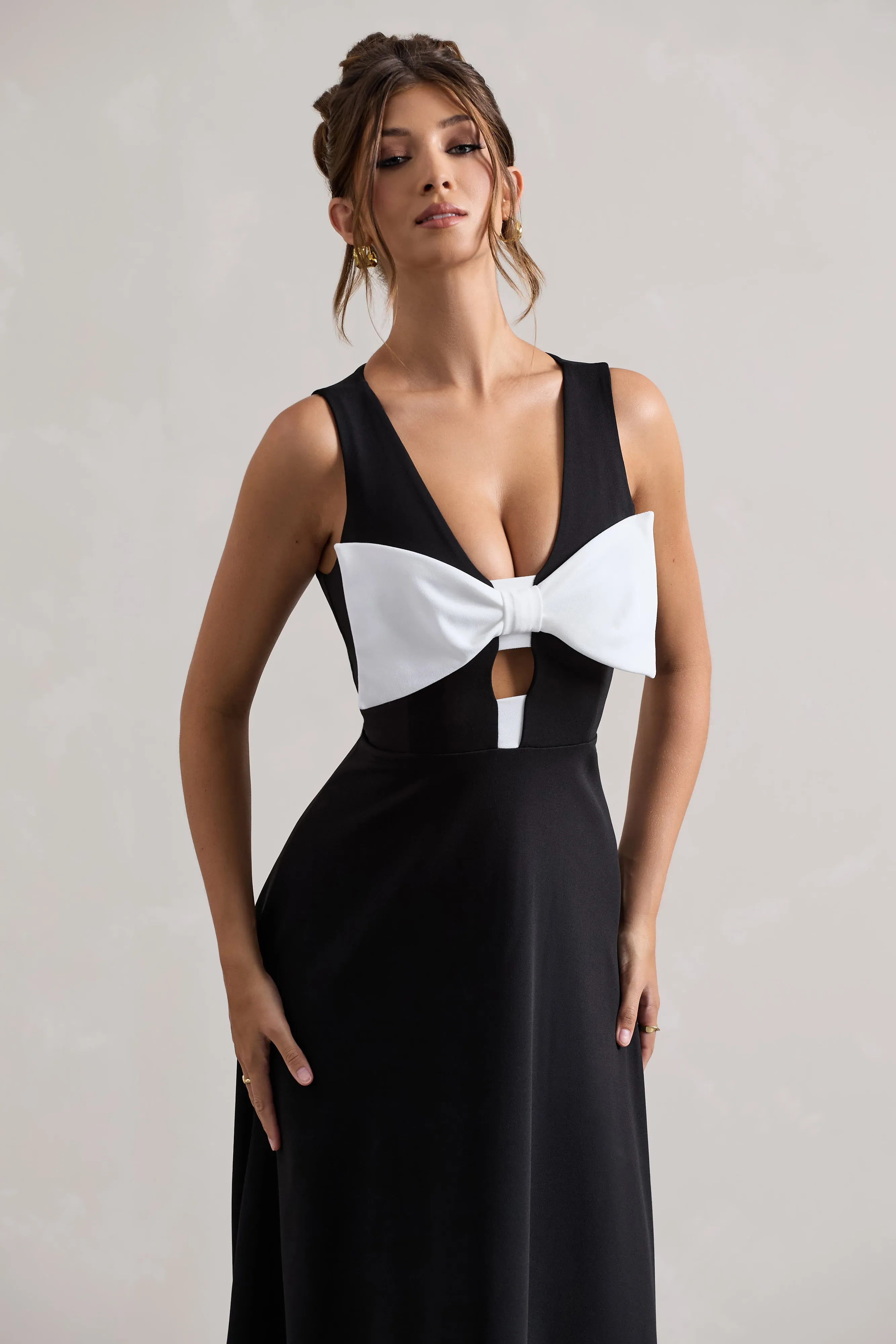 Primrose | Black Plunge-Neck Midi Dress With White Bow