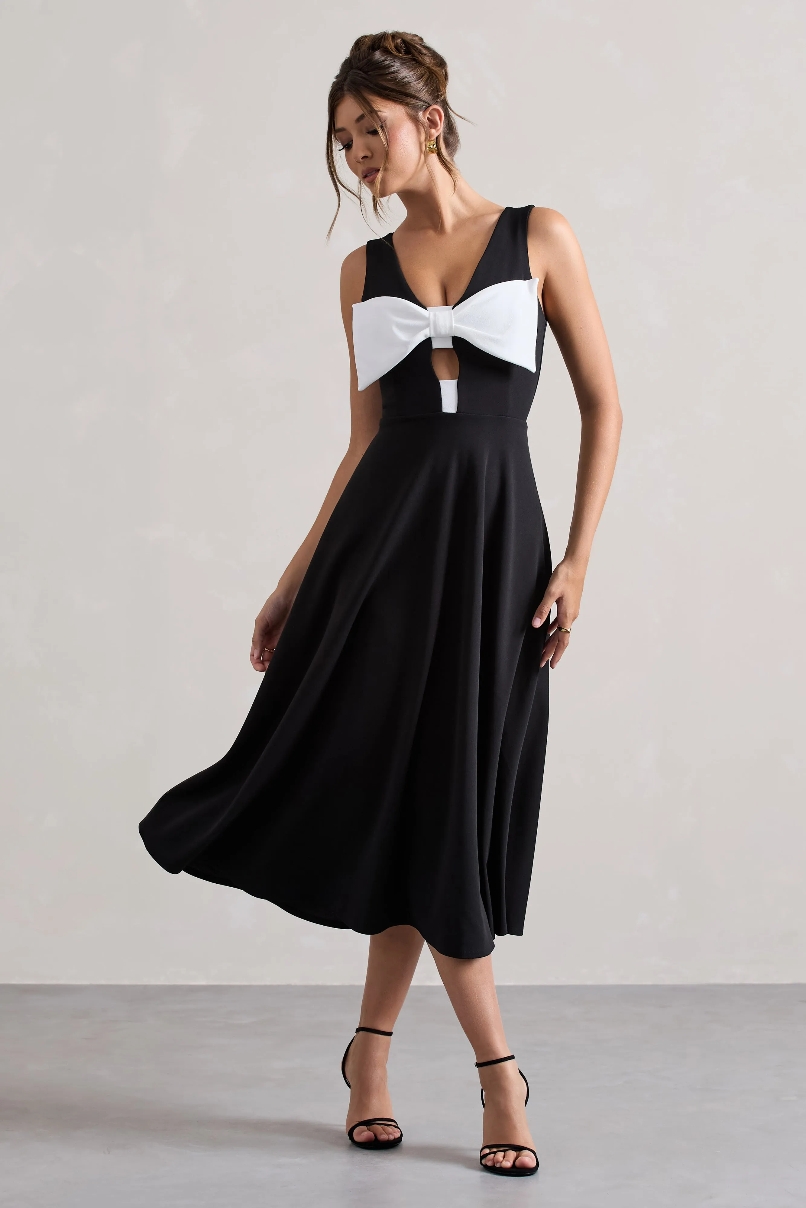 Primrose | Black Plunge-Neck Midi Dress With White Bow