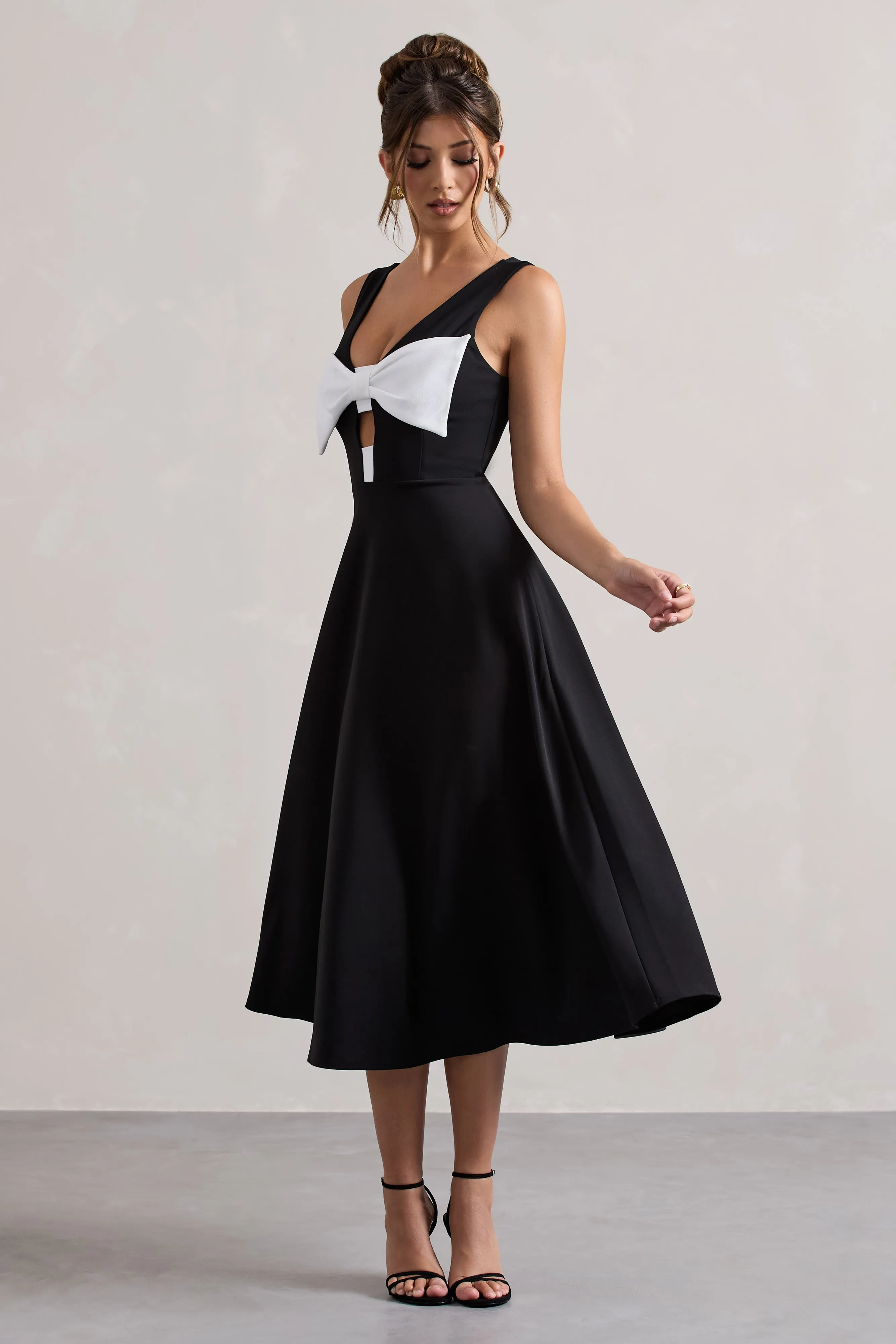 Primrose | Black Plunge-Neck Midi Dress With White Bow