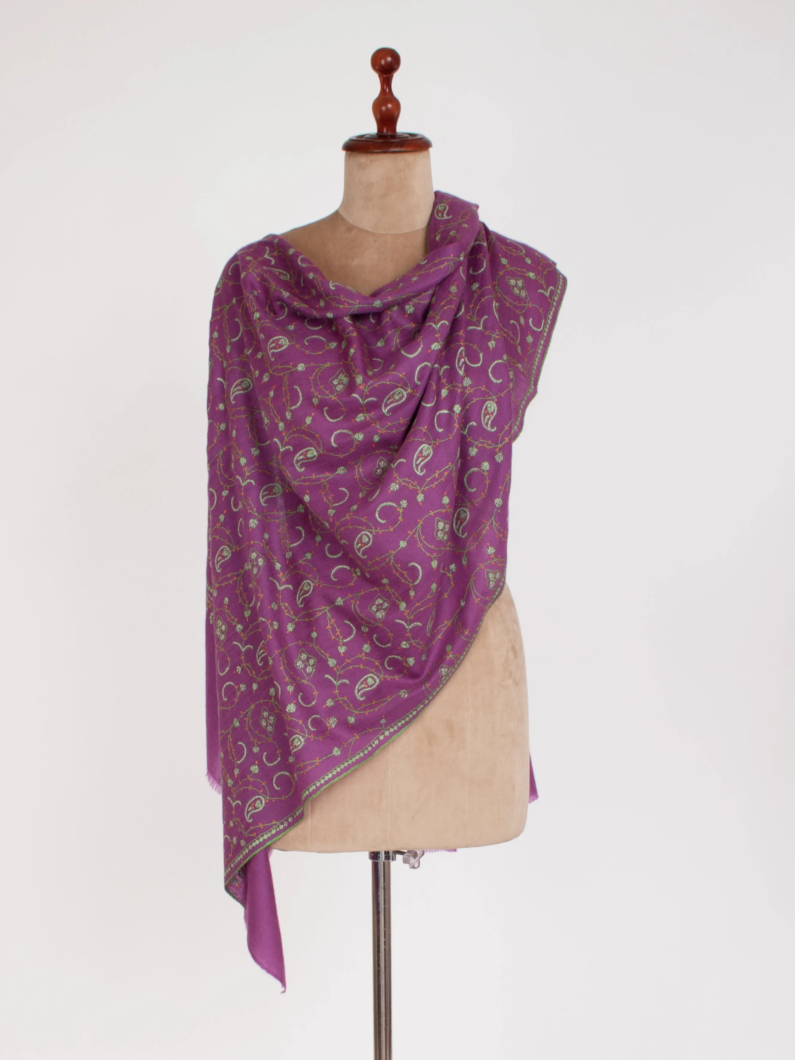 Purple with touch of Green Embroidered Cashmere Scarf