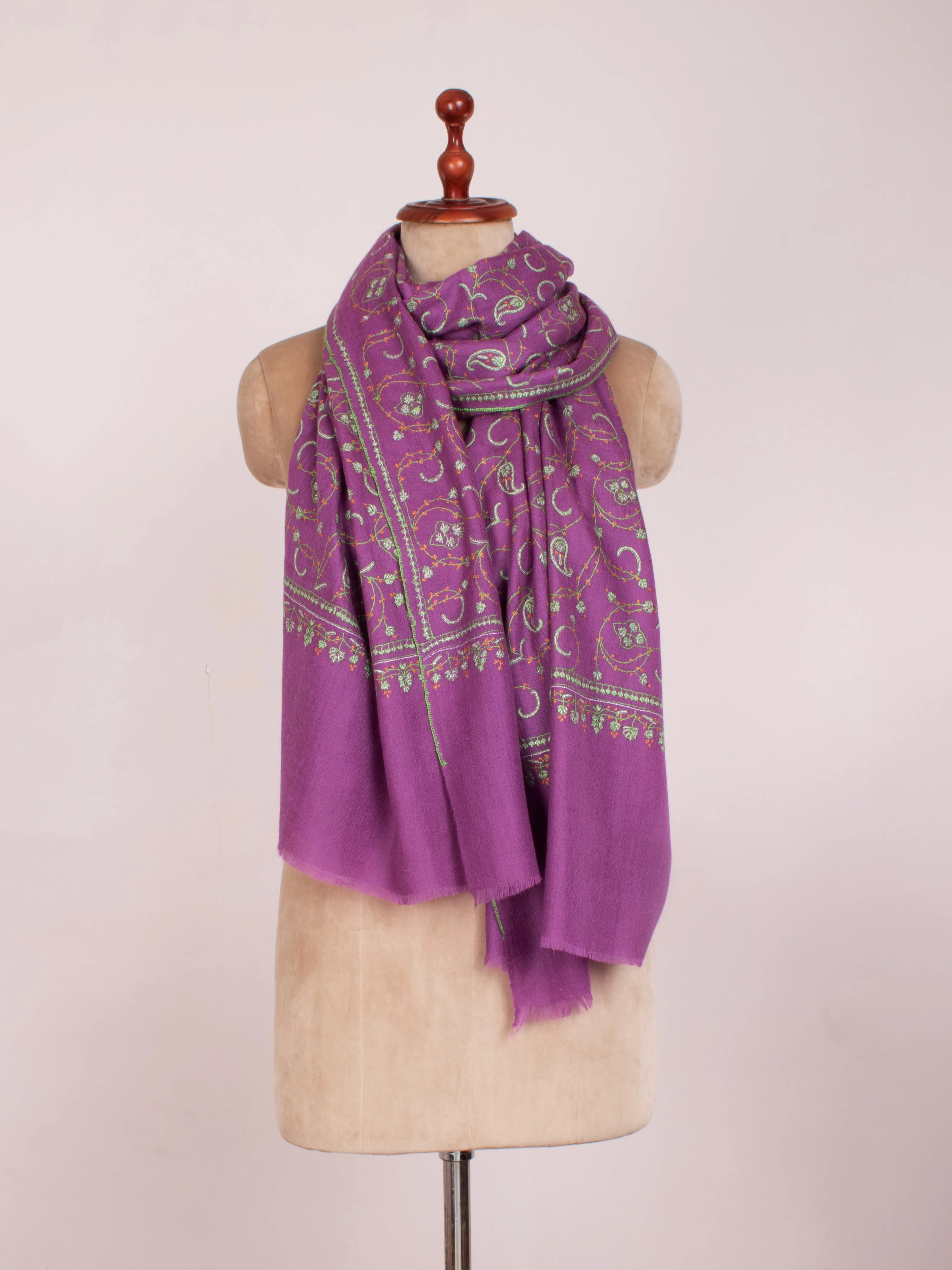 Purple with touch of Green Embroidered Cashmere Scarf