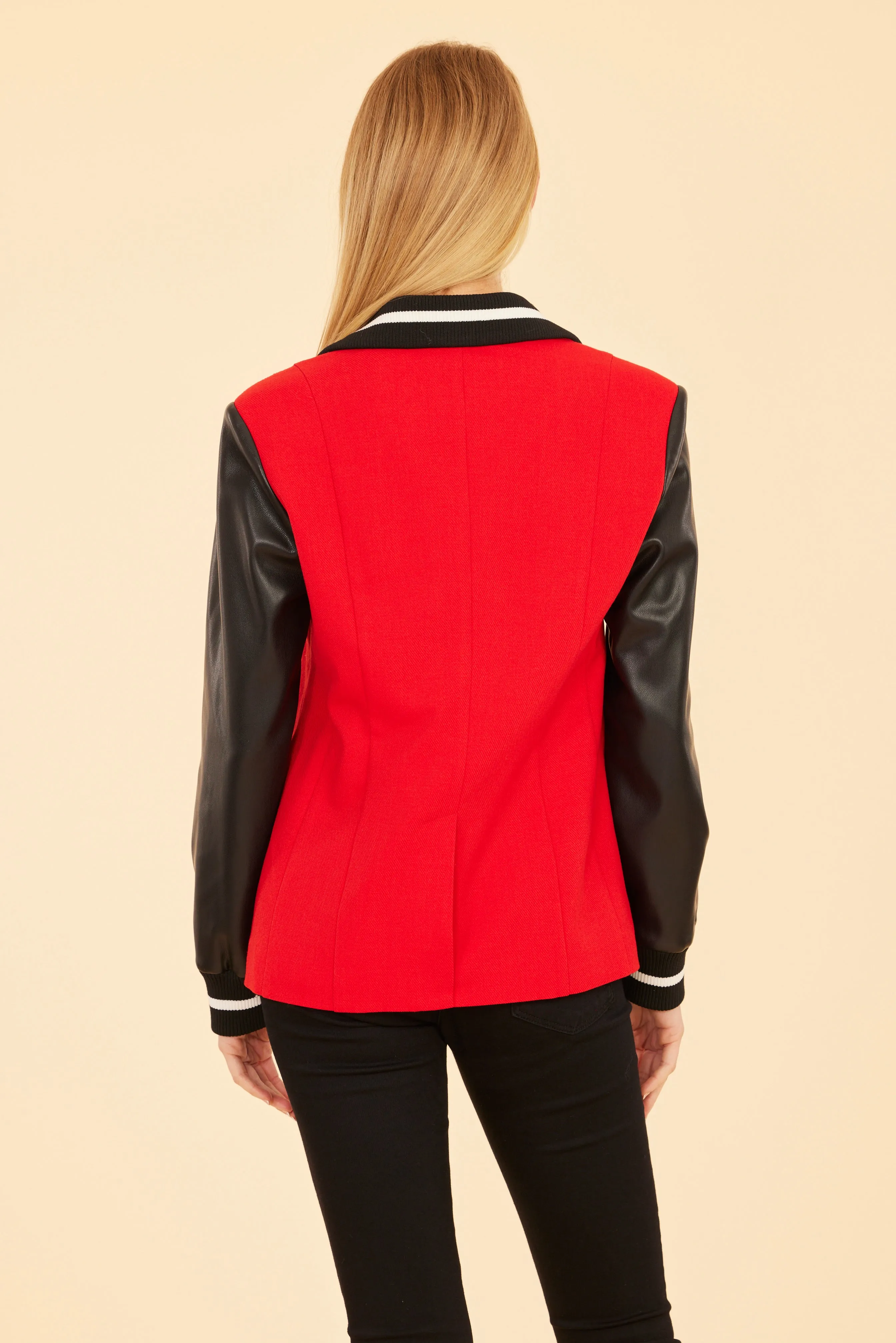 Racer Stripe Faux Leather Sleeve Blazer