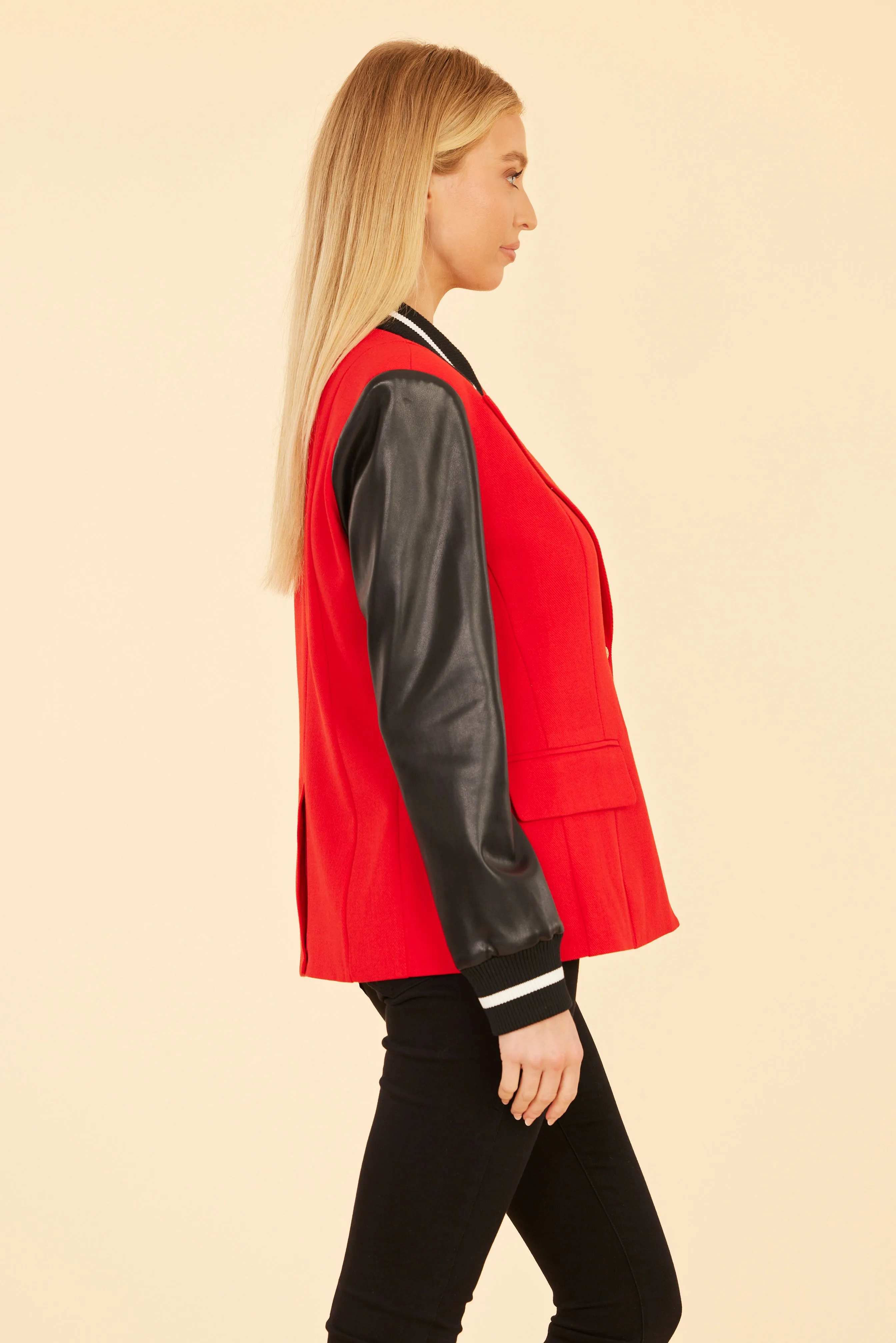 Racer Stripe Faux Leather Sleeve Blazer