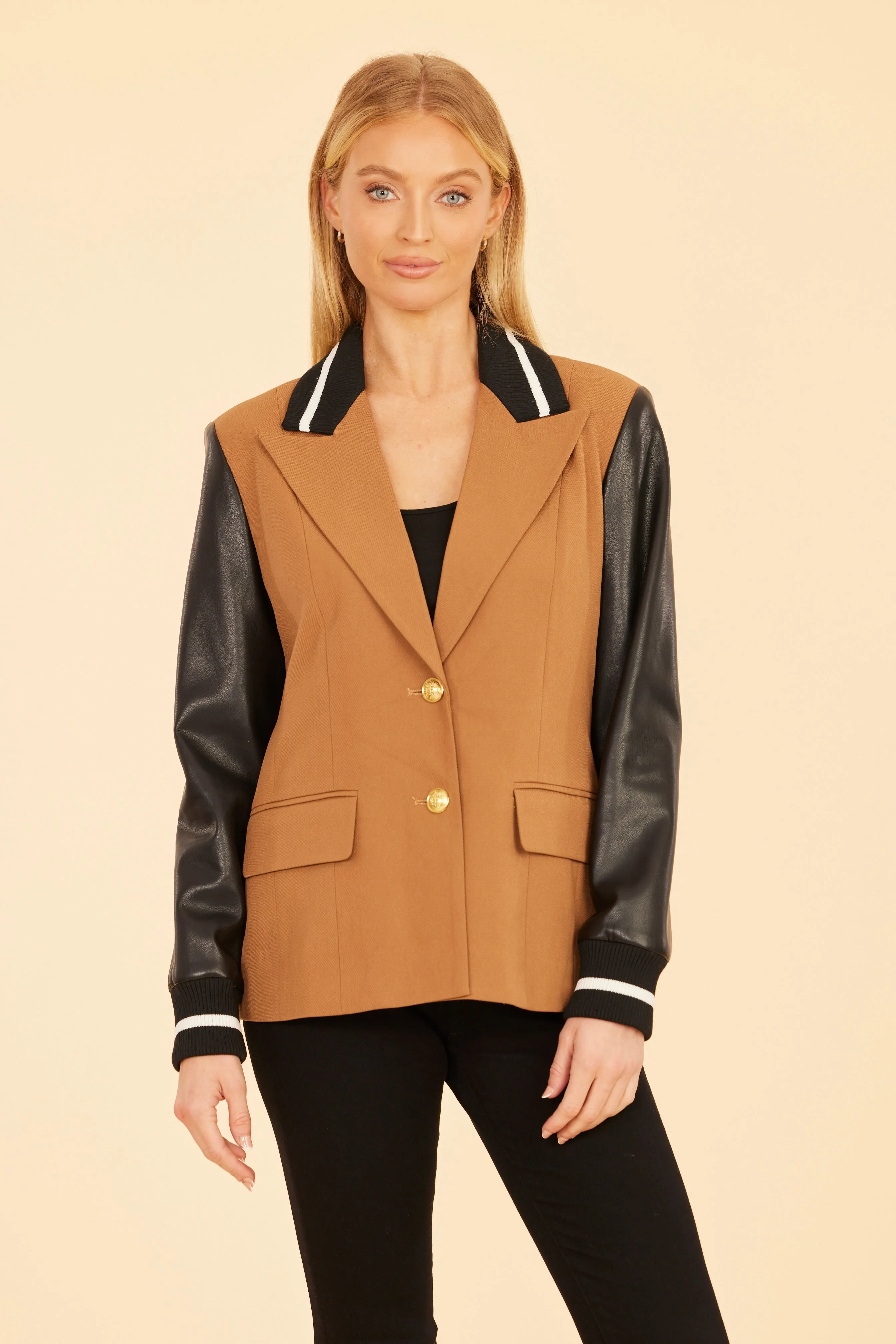 Racer Stripe Faux Leather Sleeve Blazer