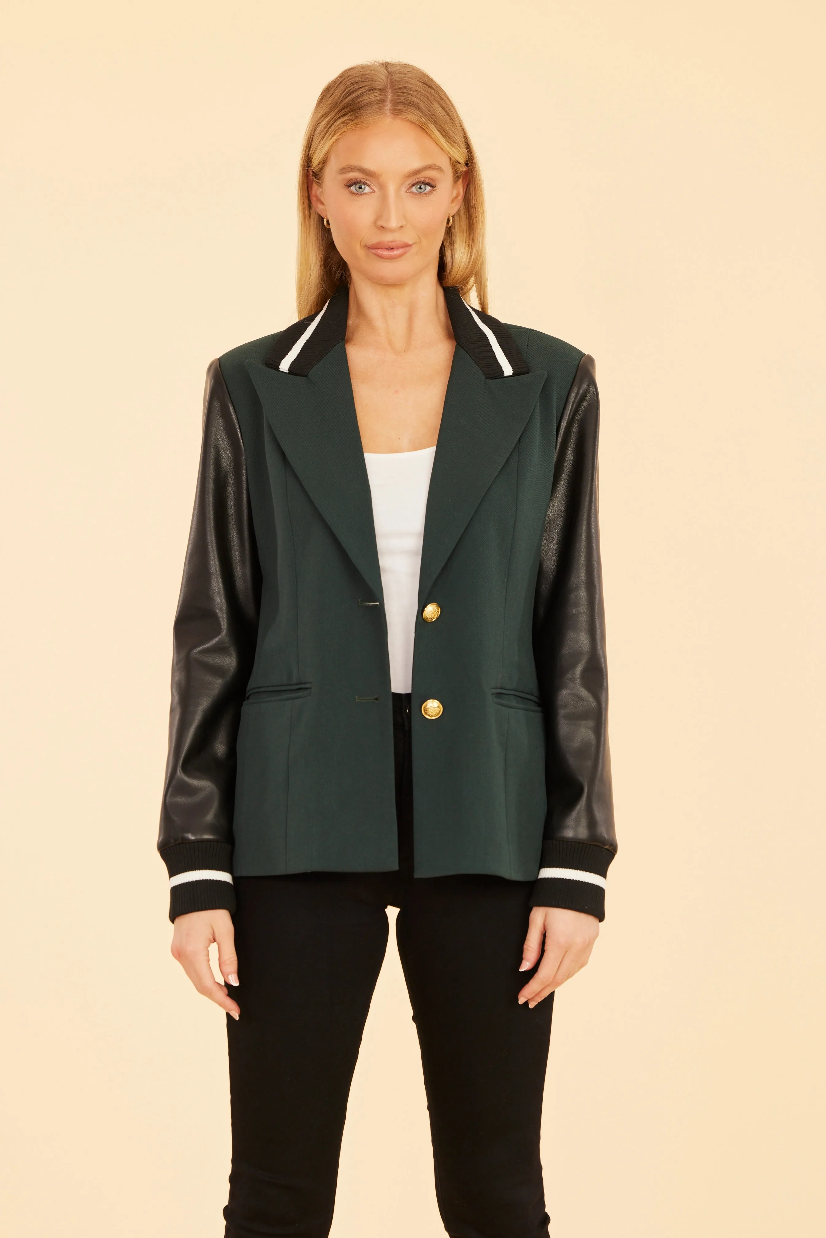 Racer Stripe Faux Leather Sleeve Blazer