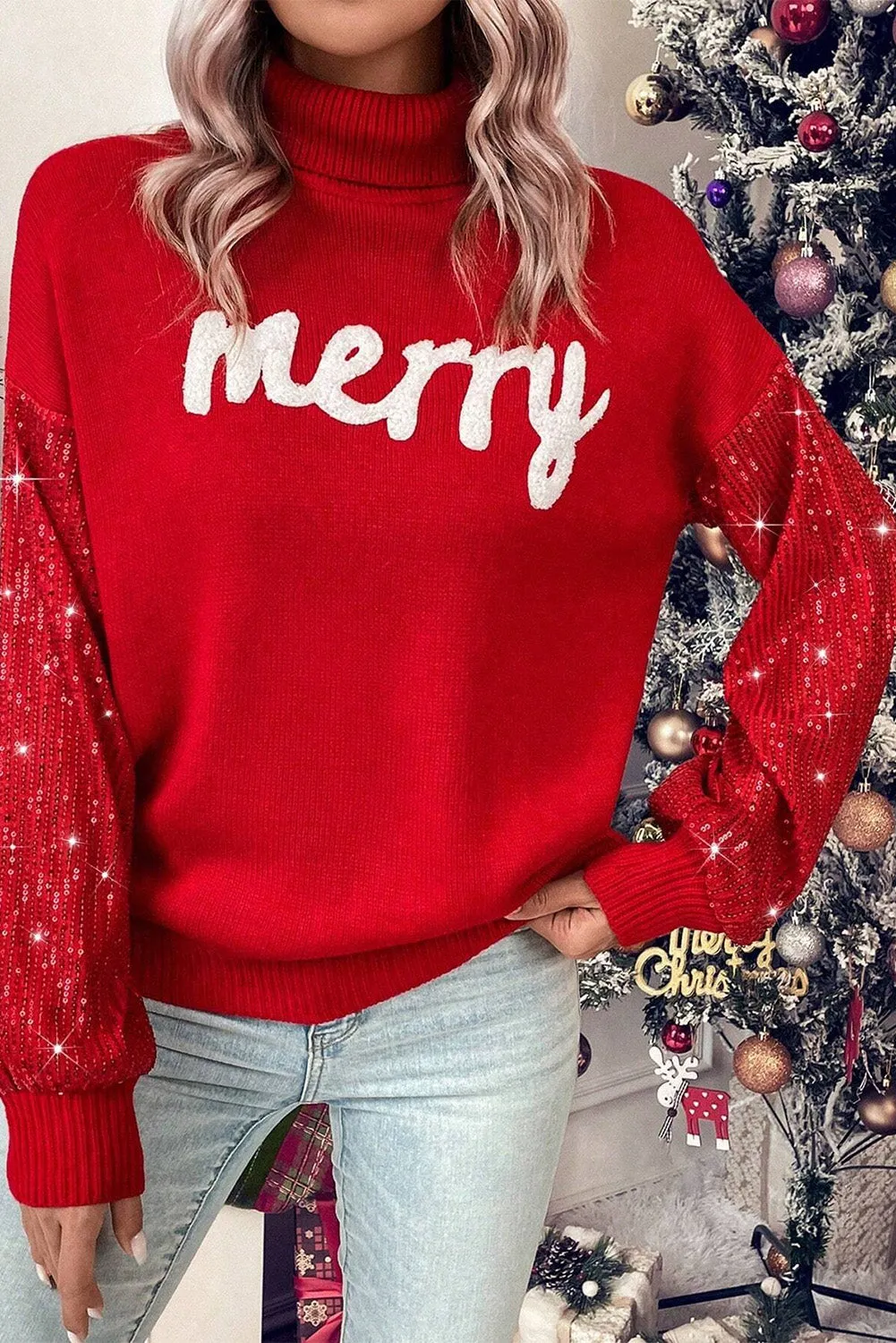 Racing Red Merry Graphic Sequin Sleeve Christmas Sweater