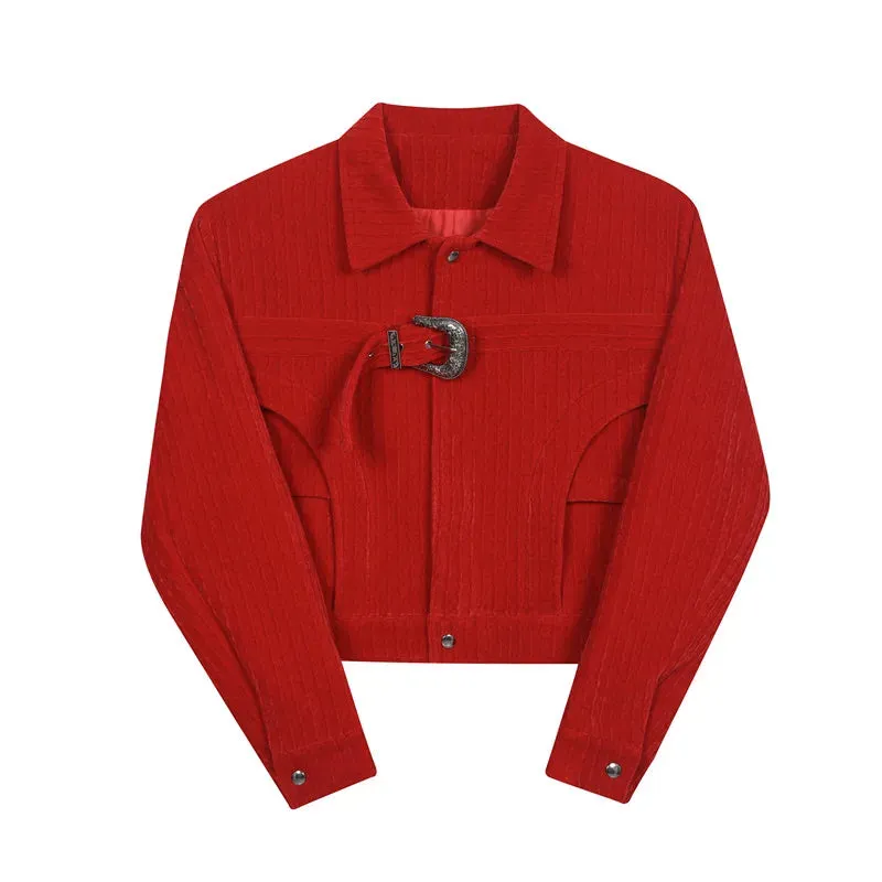 Red Velvet Buckle Vintage Streetwear Crop Jacket