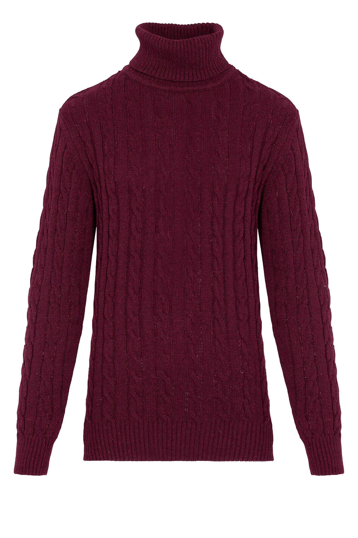 Regular Fit Patterned Wool Blend Burgundy Turtleneck Sweater, Burgundy