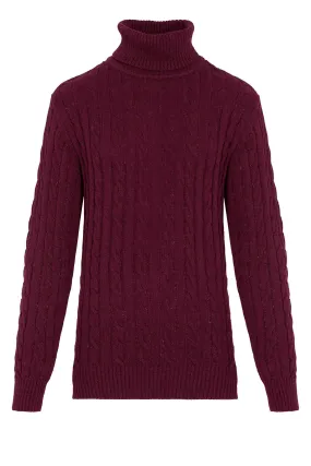 Regular Fit Patterned Wool Blend Burgundy Turtleneck Sweater, Burgundy