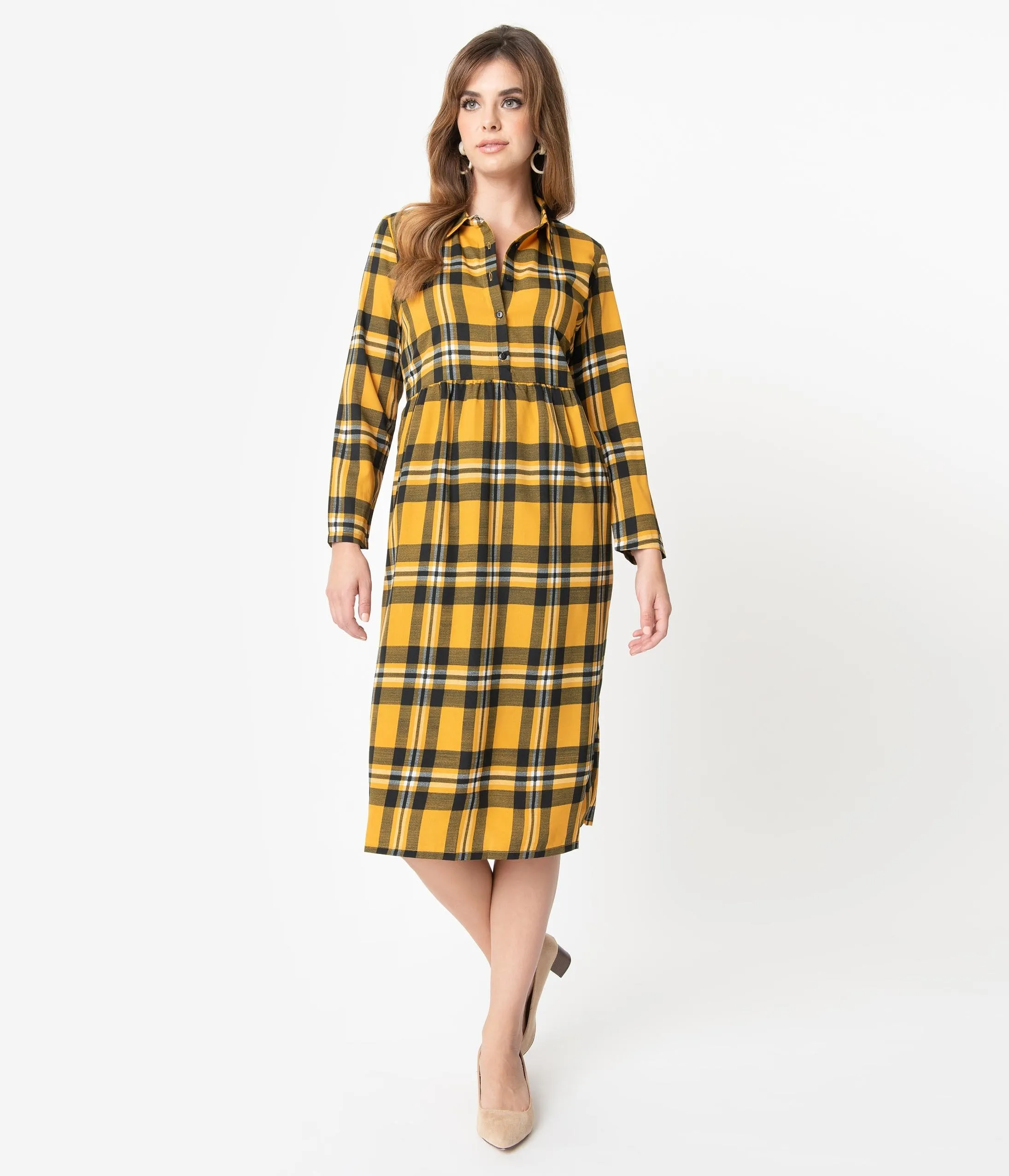 Retro Style Mustard & Black Plaid Sleeved Midi Dress