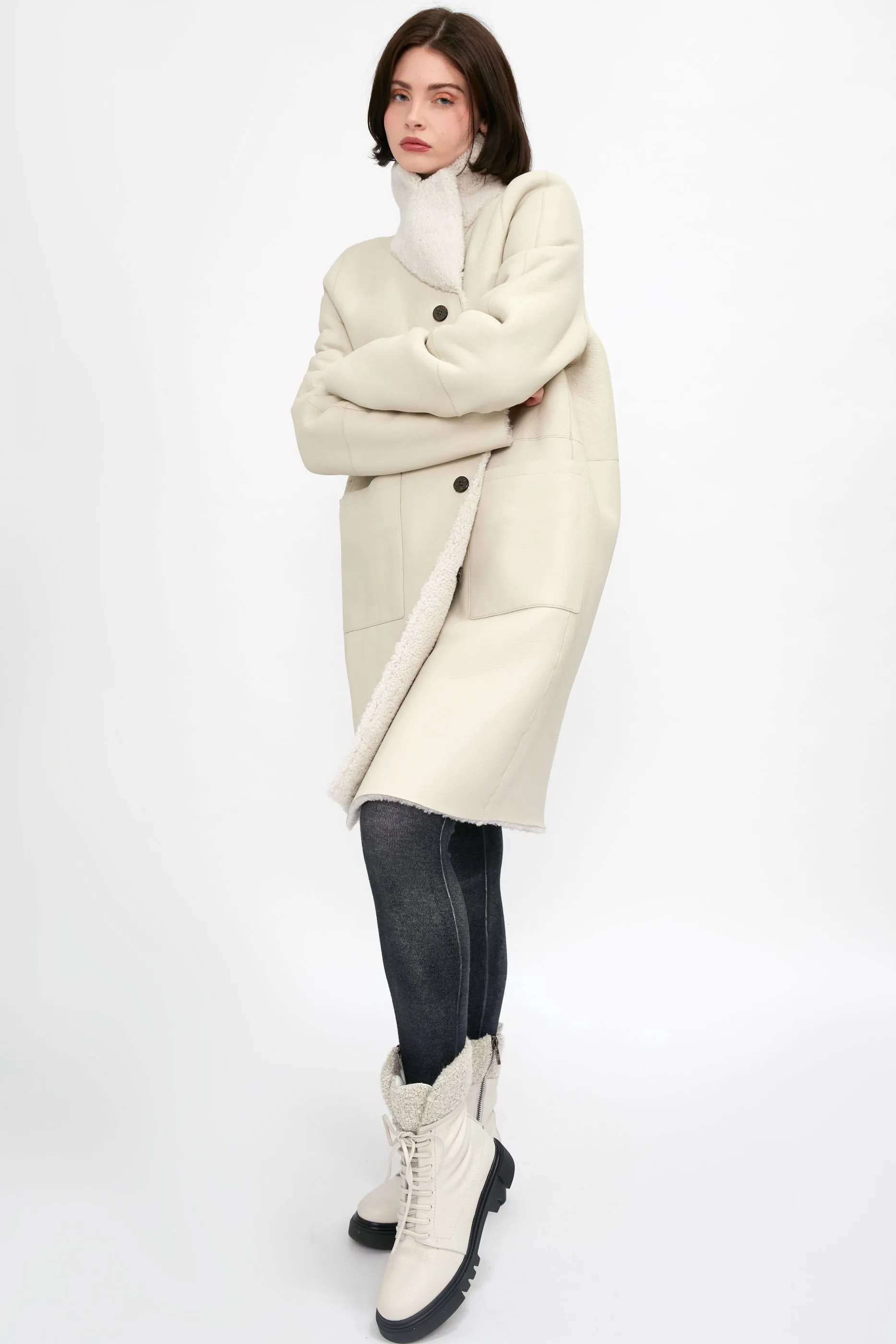 Reversible Shearling Coat in Ivory