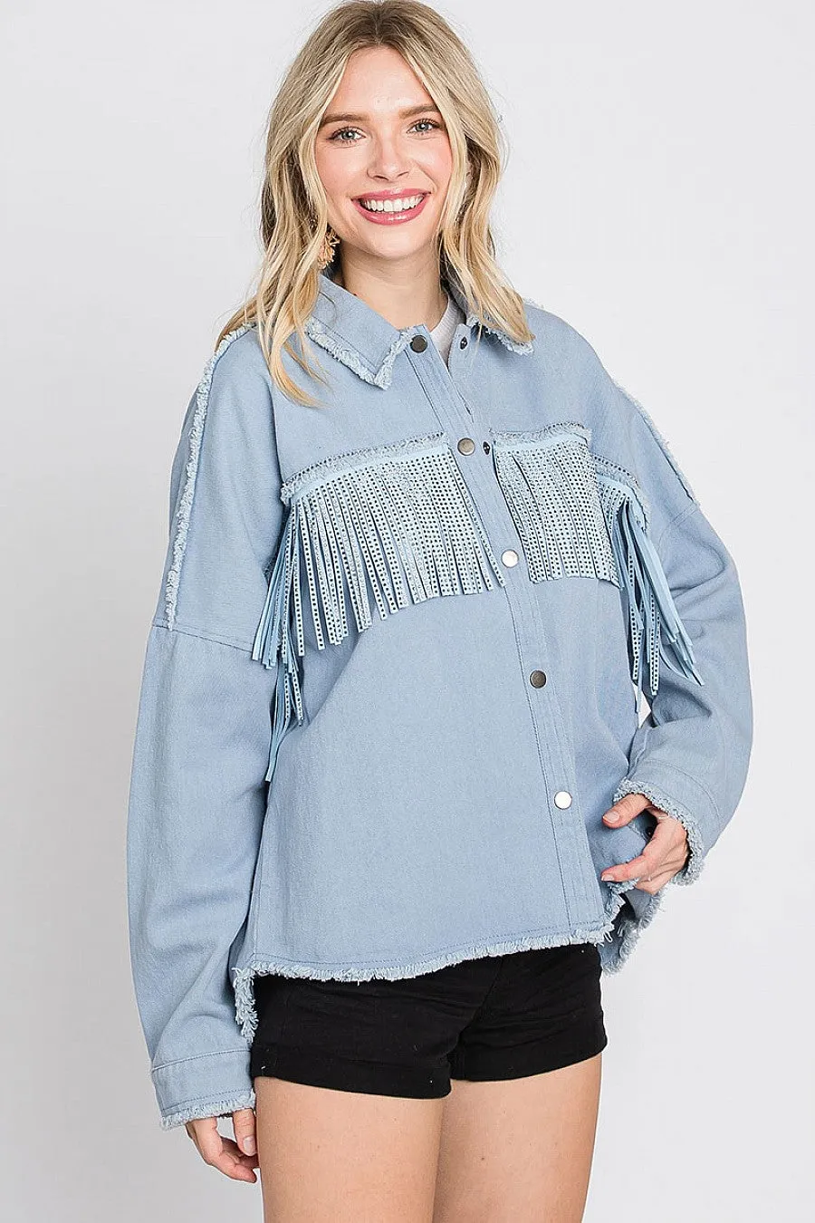 Rhinestone Fringe Detail Shirt Jacket