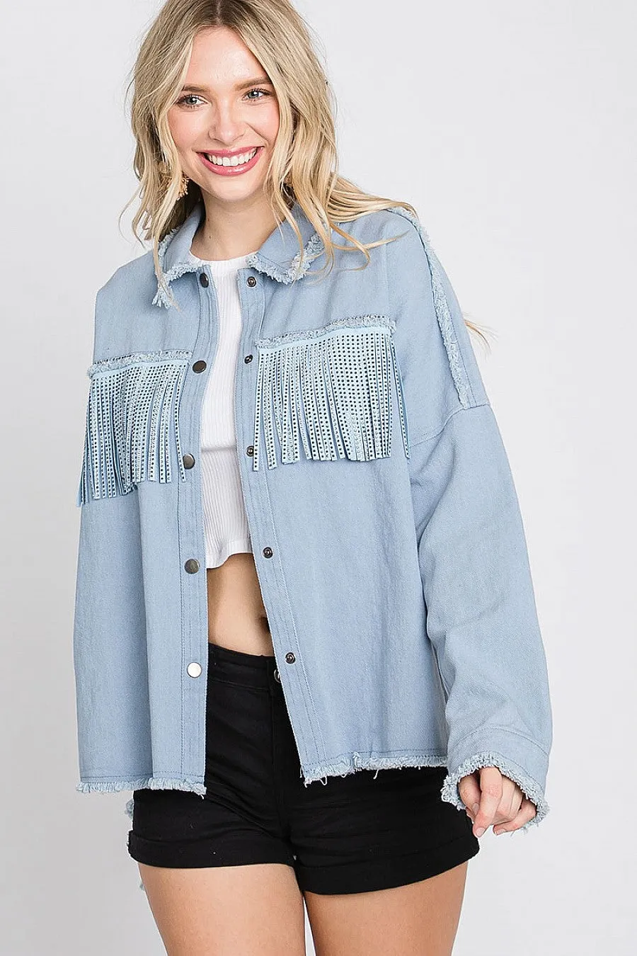 Rhinestone Fringe Detail Shirt Jacket