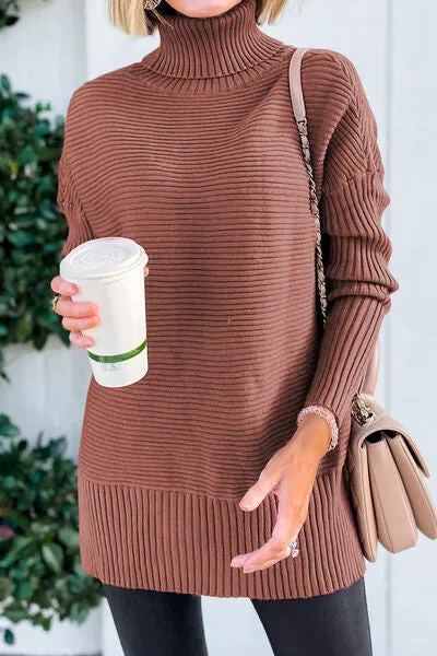 Ribbed Turtleneck Dropped Shoulder Pullover Sweater