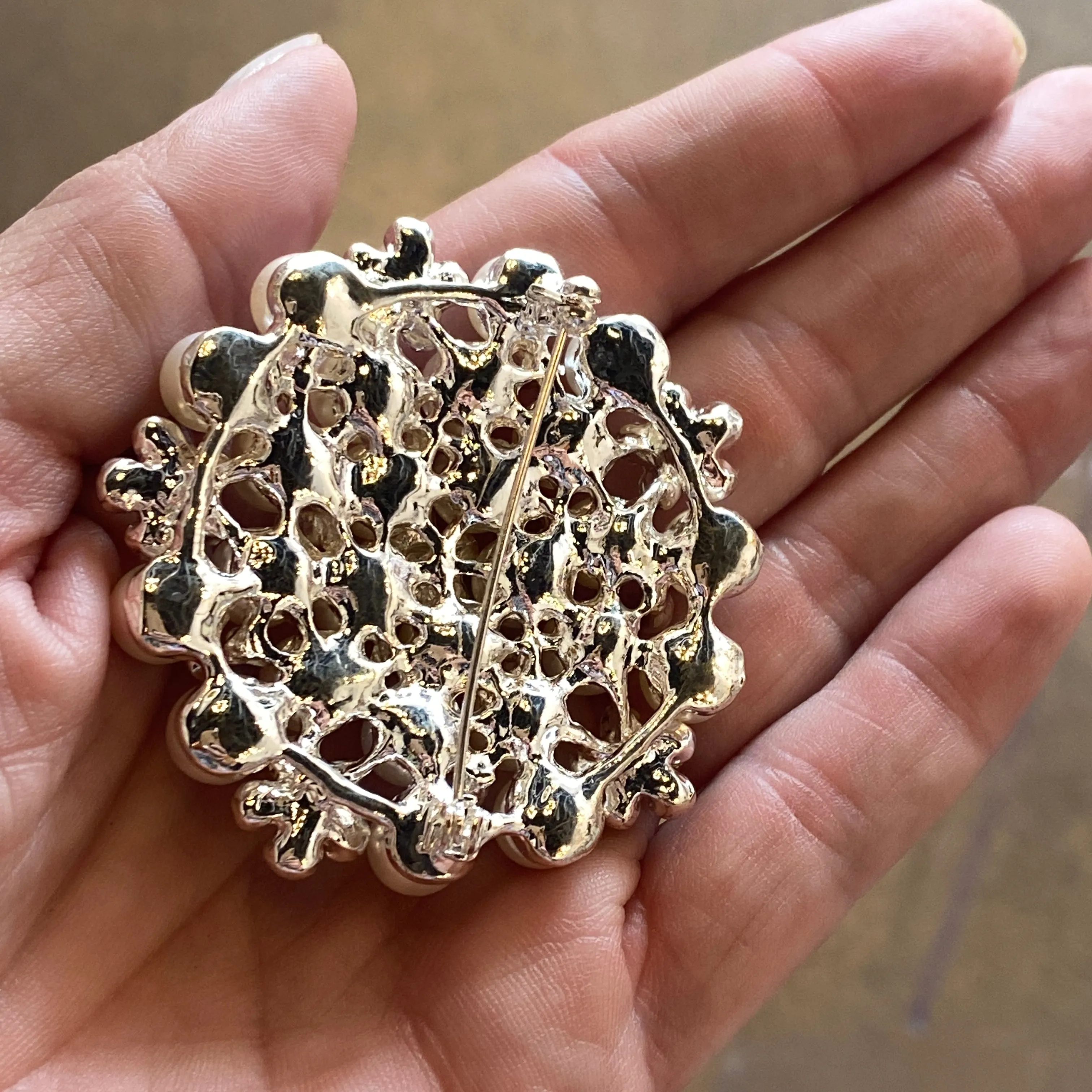 Rosette Brooch with Shell Pearls and Cubic Zirconia