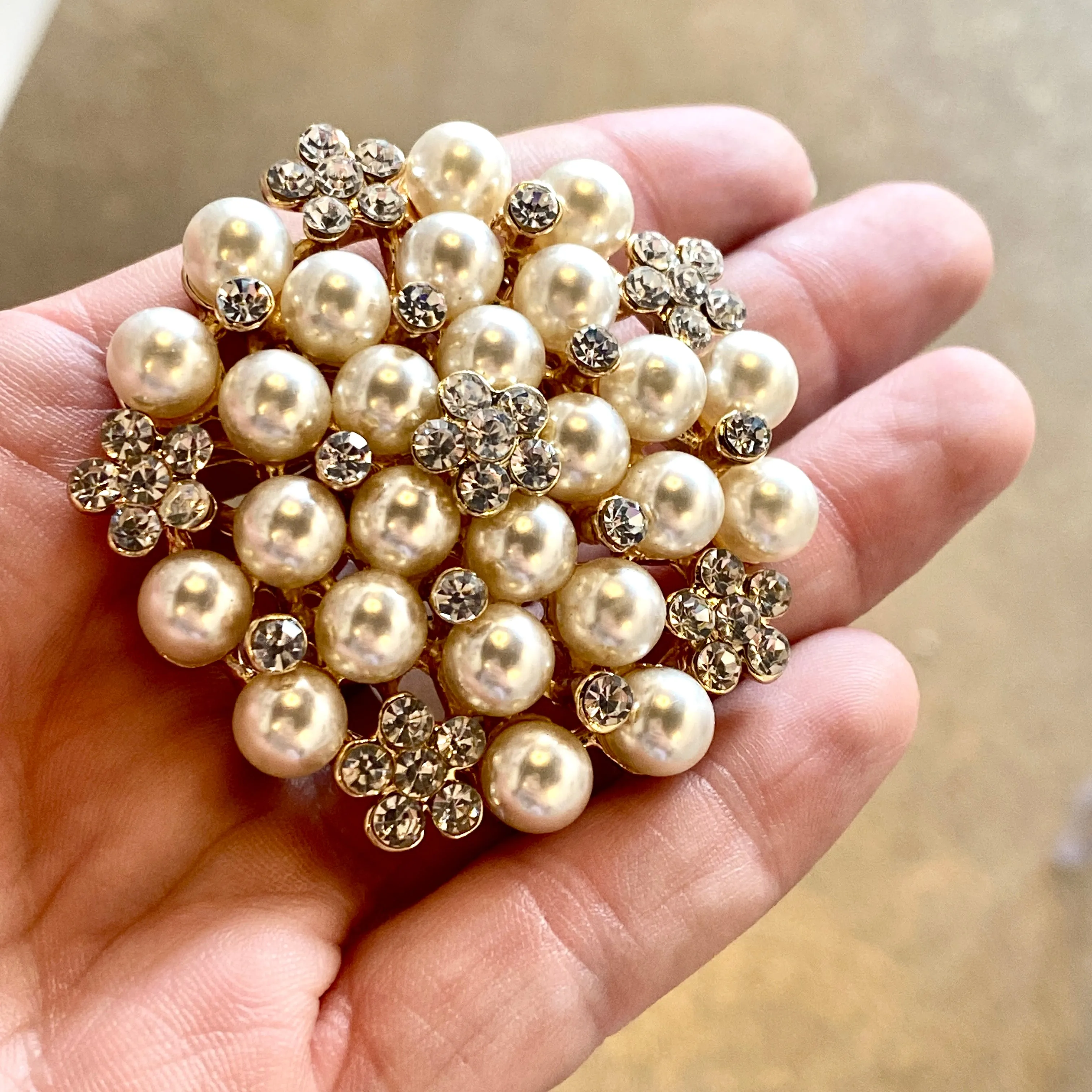 Rosette Brooch with Shell Pearls and Cubic Zirconia