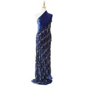 Royal blue silk blended velvet fabric with black embroidery having black and silver sequins in fancy design-D6085