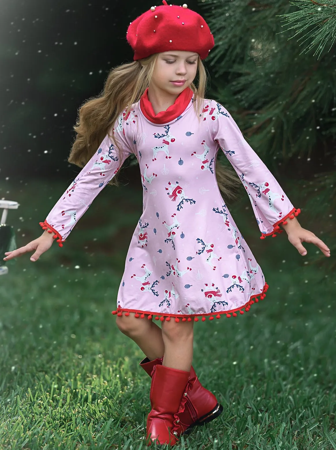 Rudolph Ready Turtleneck Pom Pom Hem Dress