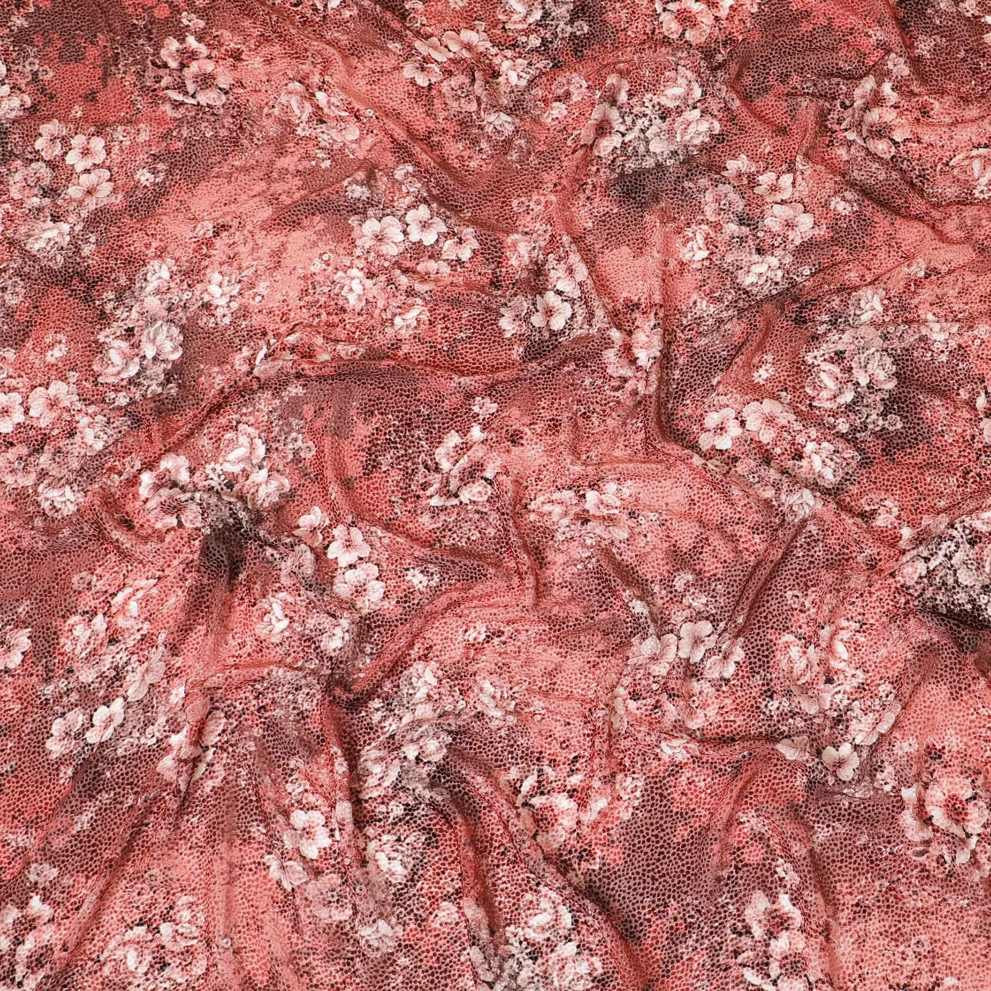 Rusty orange Premium Italian silk chiffon dirac (makmal) fabric with off white and black print having velvet jacquard in floral design-D8701