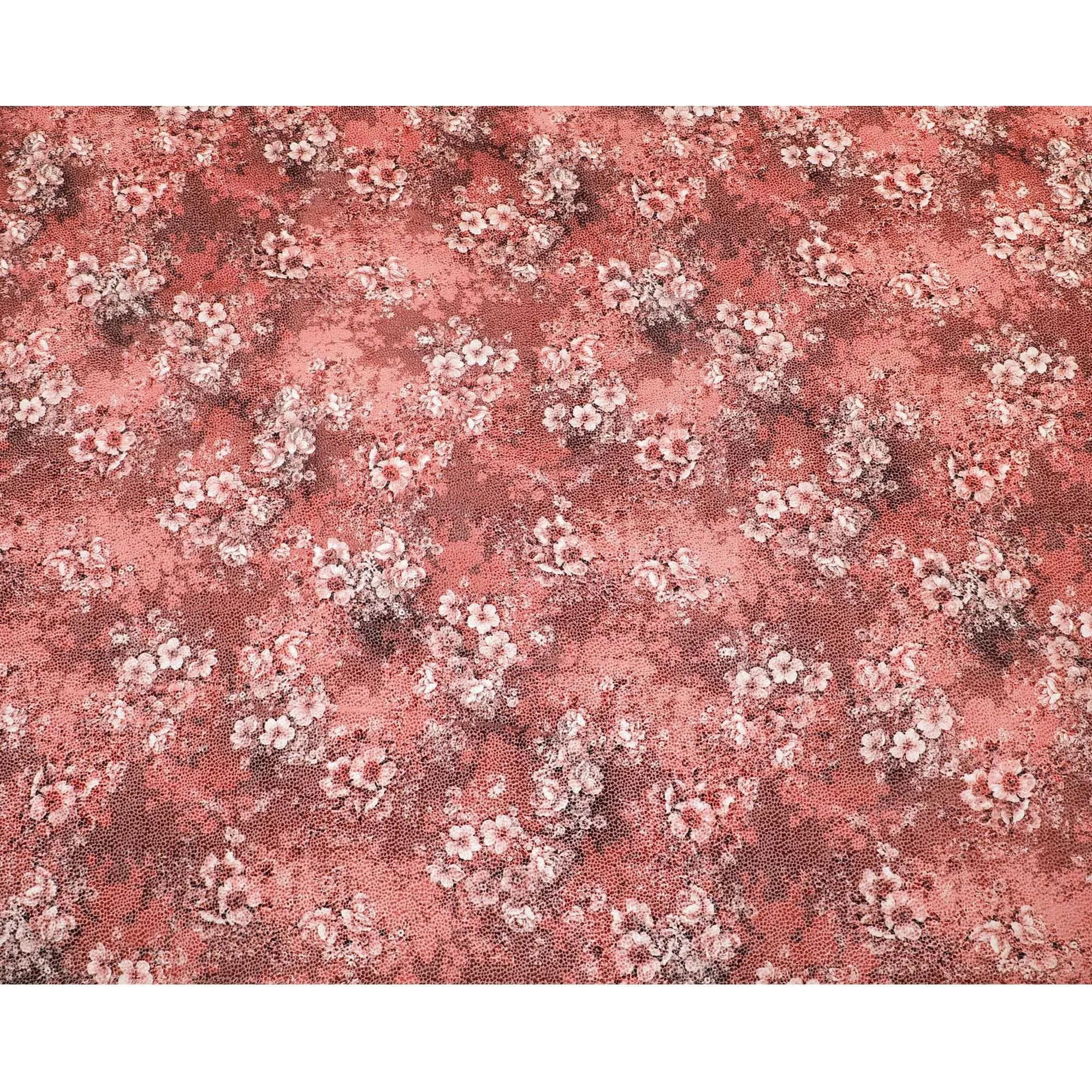 Rusty orange Premium Italian silk chiffon dirac (makmal) fabric with off white and black print having velvet jacquard in floral design-D8701