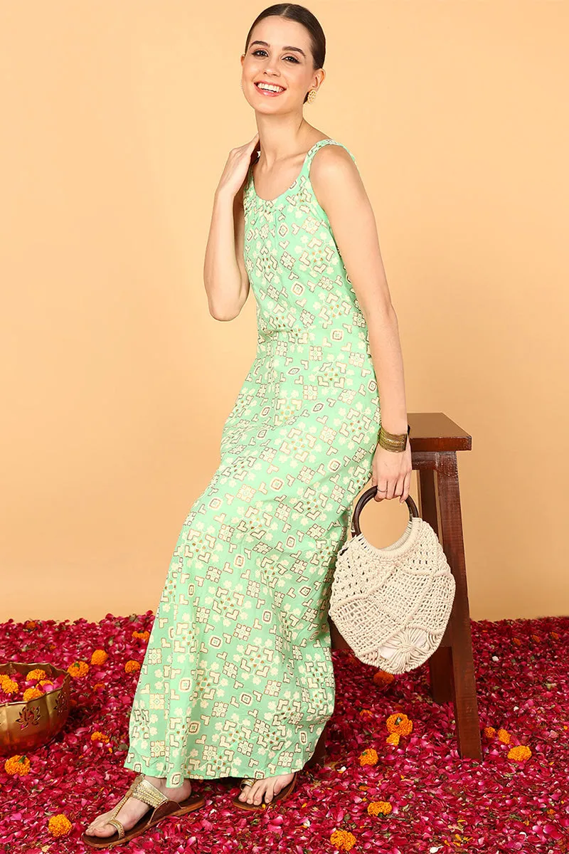 Sea Green Cotton Flared Maxi Dress