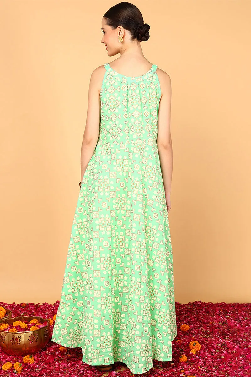 Sea Green Cotton Flared Maxi Dress