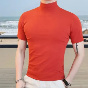 Simple Solid Color Semi-Turtle Neck T-Shirt