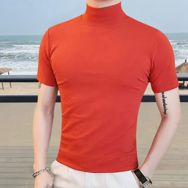 Simple Solid Color Semi-Turtle Neck T-Shirt