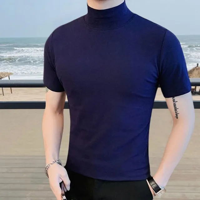 Simple Solid Color Semi-Turtle Neck T-Shirt