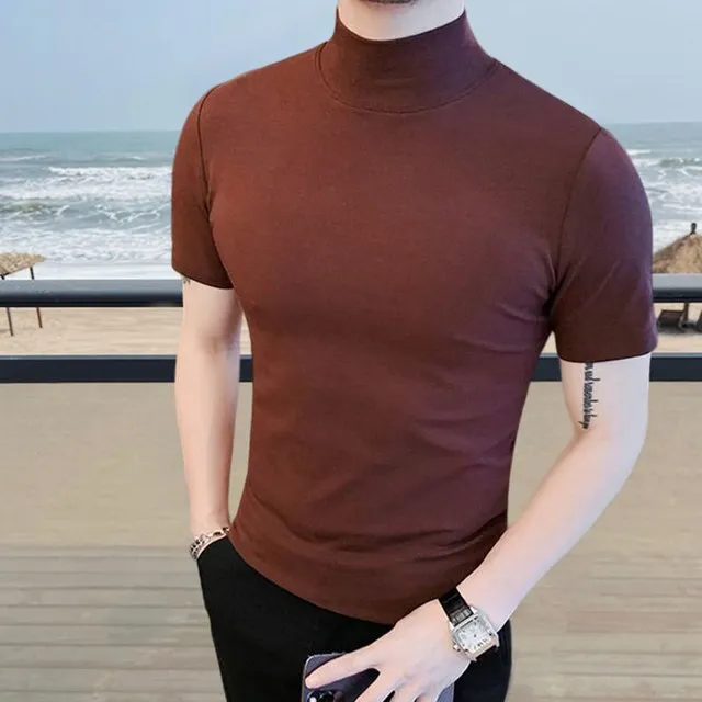 Simple Solid Color Semi-Turtle Neck T-Shirt