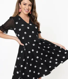 Smak Parlour Black Cat Print Ruffle Riot Fit & Flare Dress