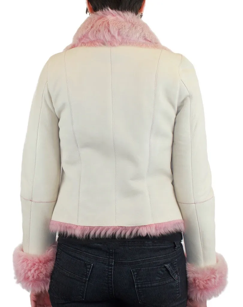 SMALL/MEDIUM PINK & WHITE SHEARLING FUR SHEEPSKIN LEATHER MOTORCYCLE JACKET