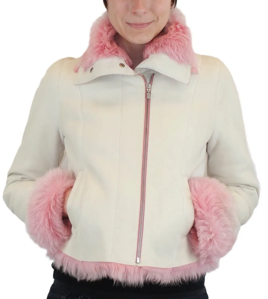 SMALL/MEDIUM PINK & WHITE SHEARLING FUR SHEEPSKIN LEATHER MOTORCYCLE JACKET