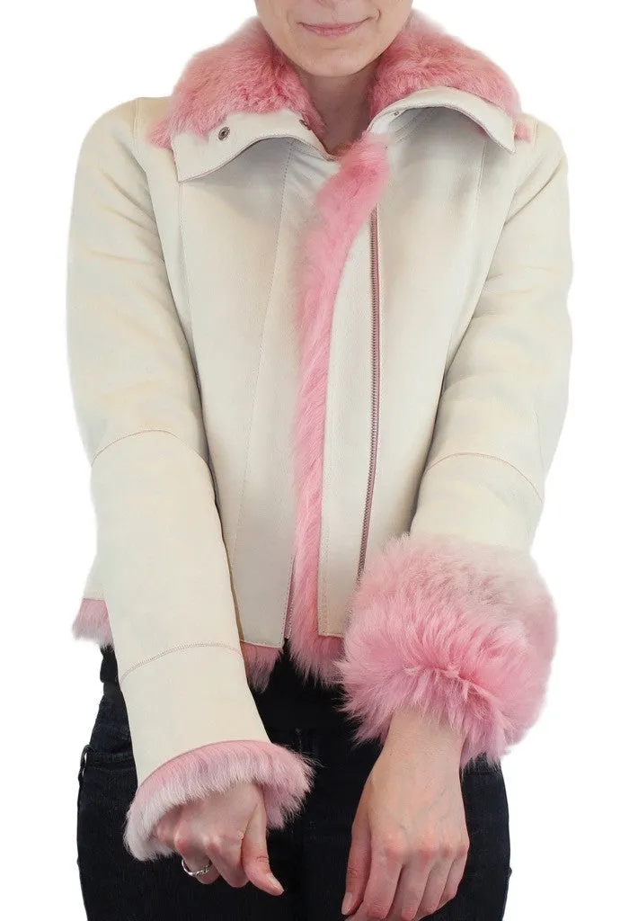 SMALL/MEDIUM PINK & WHITE SHEARLING FUR SHEEPSKIN LEATHER MOTORCYCLE JACKET