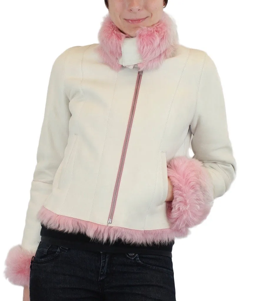 SMALL/MEDIUM PINK & WHITE SHEARLING FUR SHEEPSKIN LEATHER MOTORCYCLE JACKET