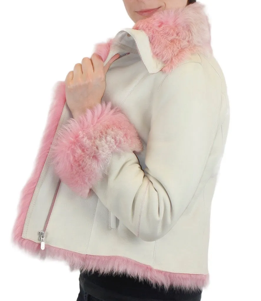 SMALL/MEDIUM PINK & WHITE SHEARLING FUR SHEEPSKIN LEATHER MOTORCYCLE JACKET