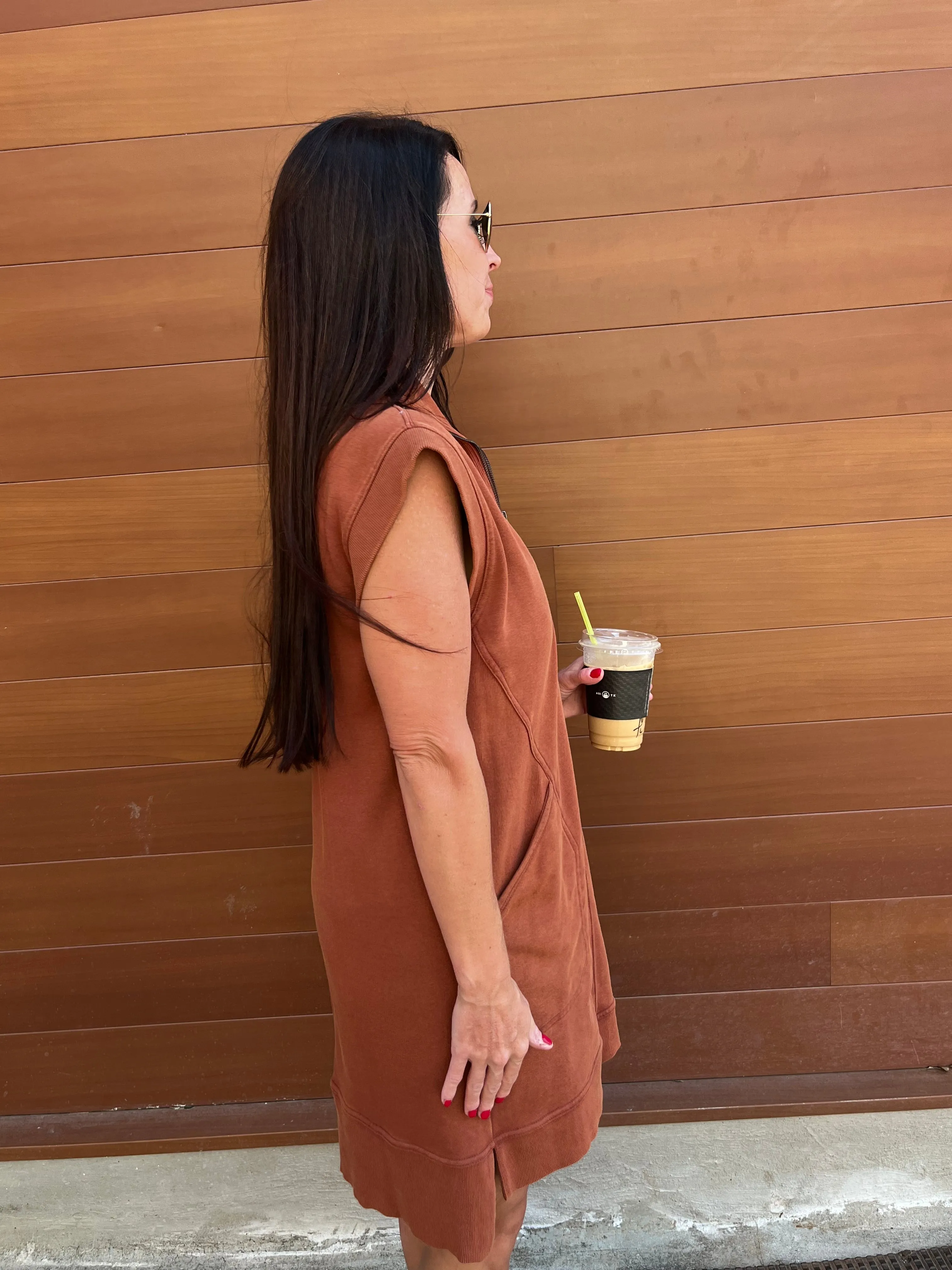 Solid Mock Neck Mini Dress - Brick