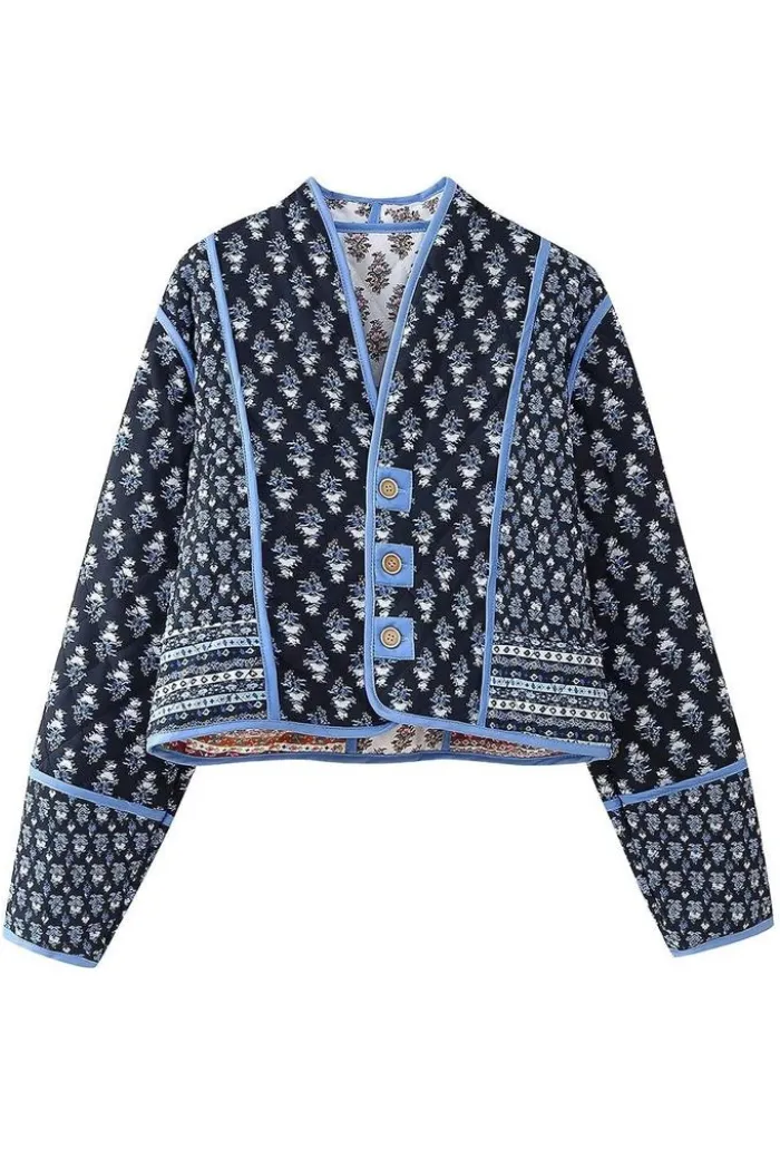 Stylish V-Neck Button Double-Sided Printed Quilted Jacket