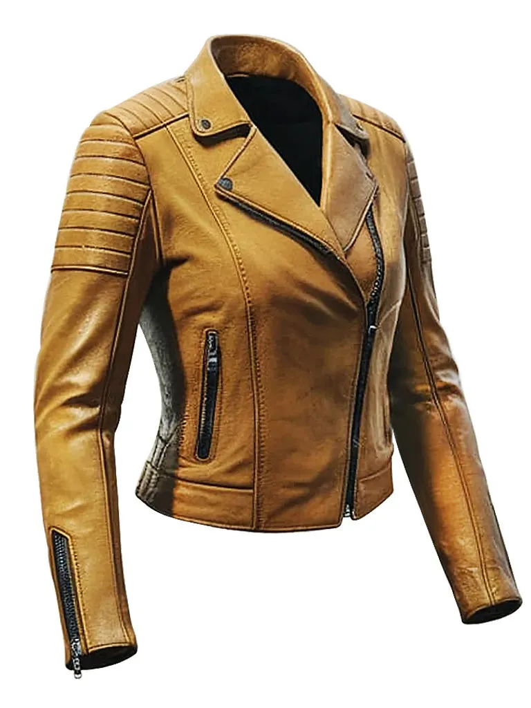 Tan Brown Leather Biker Jacket