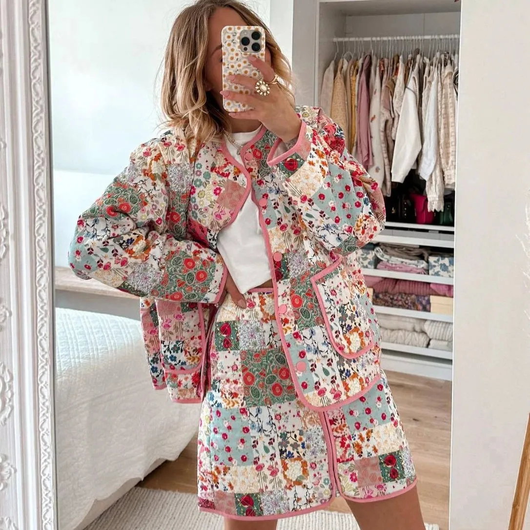 TAVIMART  -  Ethnic Floral Print Parkas Coats for Women Casual O-neck Long Sleeve Winter Warm Quilted Coat 2 Piece Parkas Outwears