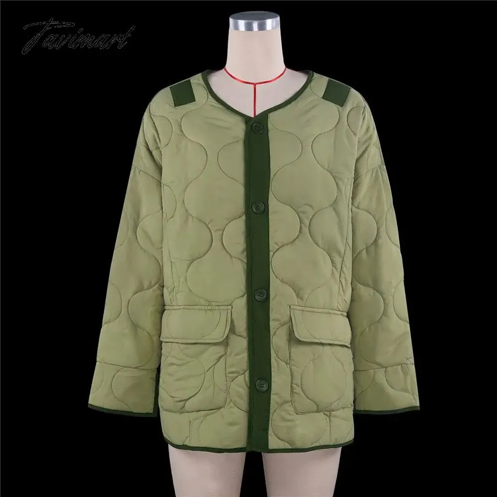 Tavimart Fashion Green Winter Warm Coat Women Casual Loose Single Breasted Pocket Jackets  New Autumn Winter Parkas Outwear